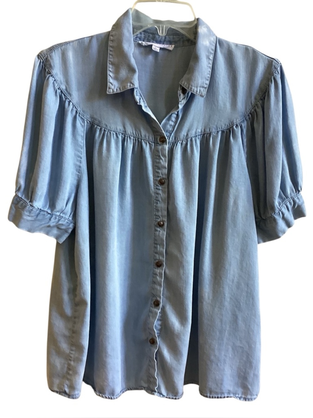 Lane & Delancey Blue Chambray Puff Sleeve Blouse NWOT misses size L